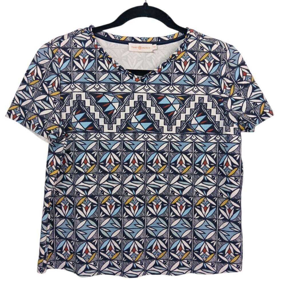 TORY BURCH Multicolor Geometric Print Ponte Cropped Shirt Small Short Sleeve